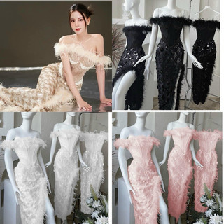 đầm body ren kim sa bẹt vai đính lông kết hạt dự tiệc