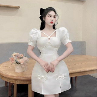 Váy nữ sang chảnh,Váy thiết kế cao cấp cổ vuông vai bồng đính nơ a10