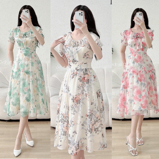 Đầm váy xòe cổ tròn hoa cho nữ văn phòng, đầm váy xòe hoạ tiết cho nữ thường ngày có size S,M,L,XL,XXL
