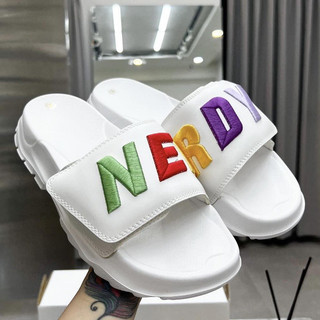 Dép nerdy DÁN XÉ quai ngang nam nữ đế Left Right cao 4cm, quai chữ NERRDY thêu nỗi, thoãi mái êm chân, màu trắng quai xé