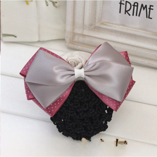 Kẹp tóc búi lưới handmade rb chấm bi hồng xám K21-M1