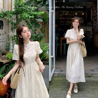 Váy dài cổ tàu khuy cài cách tân tay bồng thêu hoa nổi, Đầm maxi thanh lịch phong cách Trung Hoa