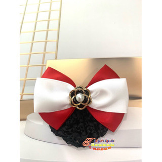 Kẹp tóc búi lưới handmade màu đỏ trắng đính hoa đen K19-M1