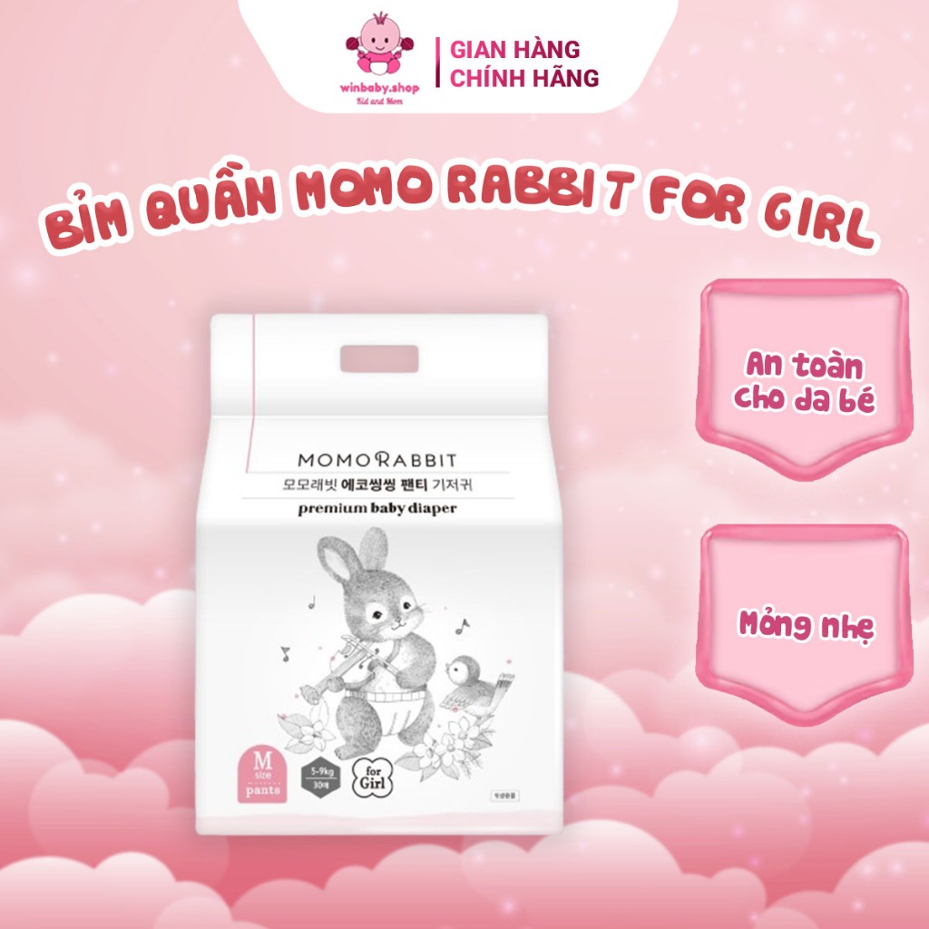 Tã bỉm quần Momo Rabbit For Girl, thiết kế mỏng nhẹ, thấm hút tốt, an toàn cho da bé