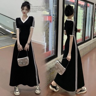 Váy đầm mùa hè nữ hottrend 2024 bồng xòe cộc tay cổ chữ V họa tiết kẻ sọc viền retro năng động SP149
