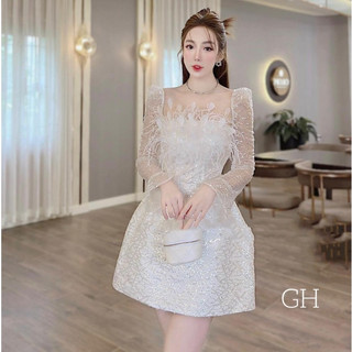 Váy thiết kế cao cấp,Váy tay dài tiểu thư phối ren đính lông a16
