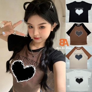 Áo croptop nữ kiểu phối tim ôm body tay ngắn nhiều màu chất vải thun Borip dày dặn mềm mát mịn Free Size dưới 54kg hot