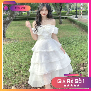 Váy 2 dây voan tơ xoè bồng tiểu thư công chúa 4 tầng, váy trễ vai nơ ngực bánh bèo dáng dài cực xinh