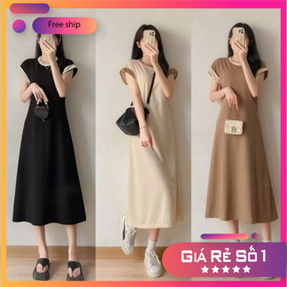 Đầm suông nữ - váy suông trơn cổ tròn phối viền dáng dài phối viền vải thun siêu xinh phong cách vintage