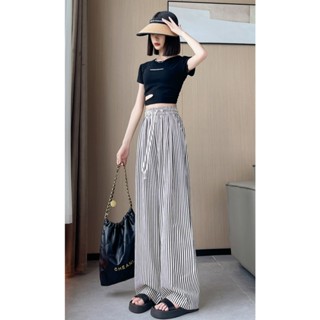 Quần Vải Đũi FreeSize Ống Rộng Dáng Suông Nữ CHICOLA OFFICIAL Họa Tiết Kẻ Sọc Tôn Dáng CO659