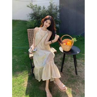 Váy nữ dáng dài form suông đuôi cá cổ yếm thêu hoa màu pastel nhẹ nhàng đáng yêu phong cách thanh lịch hàn quốc
