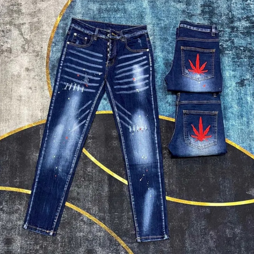 Quần jean nam dài chất denim cao cấp xước vảy sươn kèm thêu lá phong sau túi form skinny co dãn phong cách boy phố HH