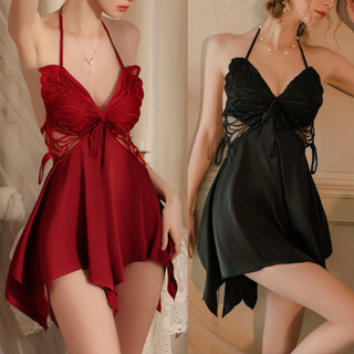 Váy ngủ lụa satin cánh bướm có đệm sexy gợi cảm, đầm hai dây mềm mịn, kèm quần lọt khe - Sinni31