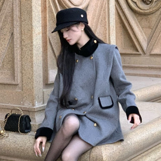 Áo khoác dạ ép dáng váy phom chùm Mông, xám lông chuột quảng châu loại 1