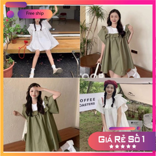 Váy babydoll cánh tiên phong cách ulzzang màu trắng/xanh rêu-Đầm nữ viền bèo tiểu thư dáng xòe hàn quốc