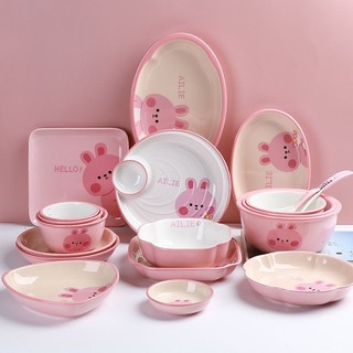 Tách lẻ set bát đĩa sứ thỏ biu hồng