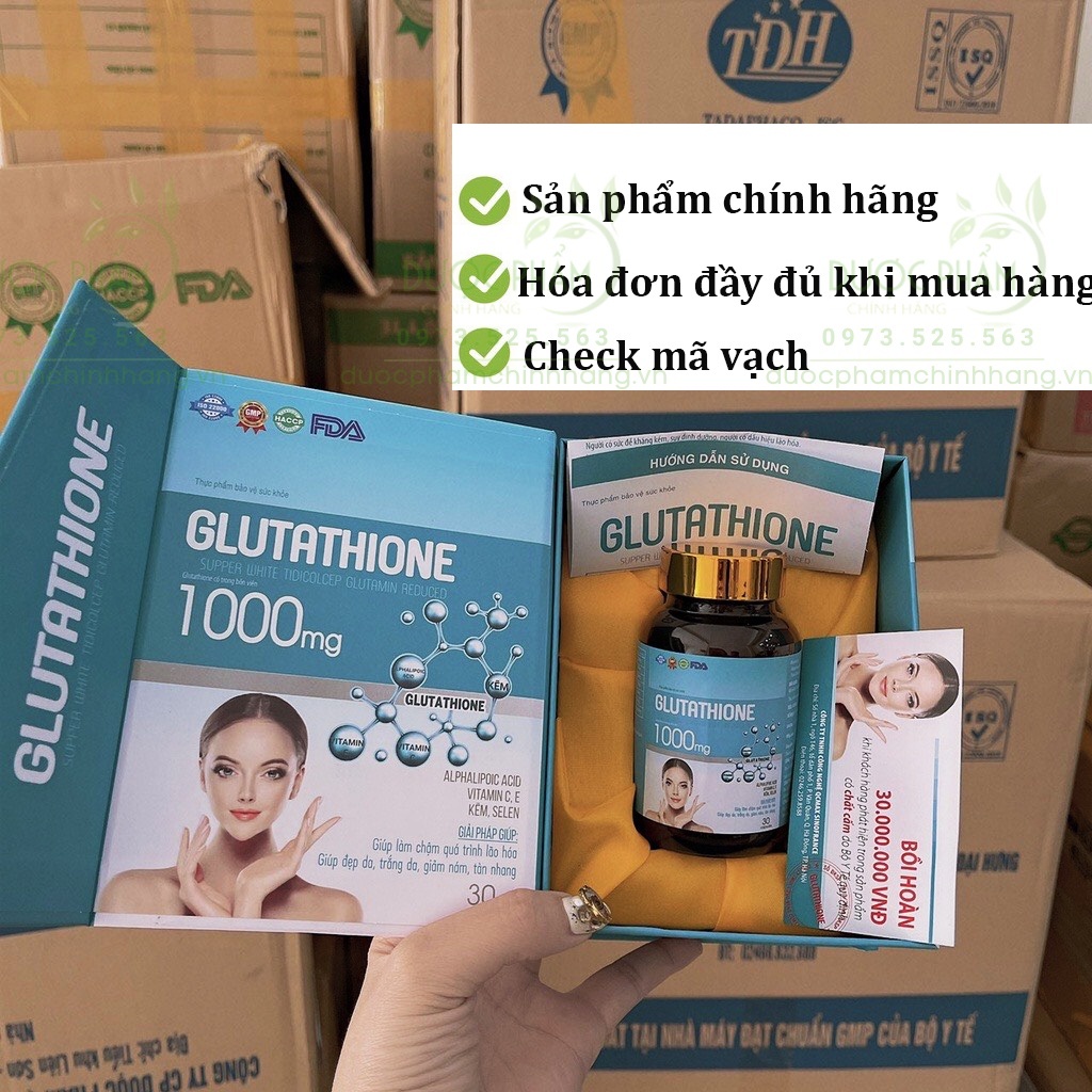 Viên uống GLUTATHIONE 1000mg Viên uống trắng da giảm nám mờ nhăn chống lão