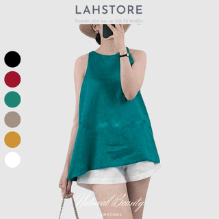 Bộ linen nữ LAHSTORE áo sát nách dáng yếm nút xẻ sau & quần short ống rộng lưng chun (Trắng)