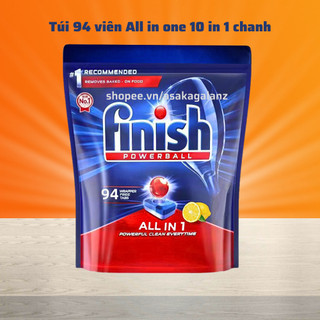 Viên rửa chén Finish All in 1 túi 94 viên hương chanh 10 in 1 màng nilon tự tan chuyên dùng cho máy rửa bát máy rửa chén