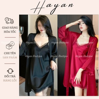  HT473 Set váy ngủ và áo choàng sexy phối ren dáng suông đồ ngủ lụa gợi cảm tôn dáng HT473  138+202  