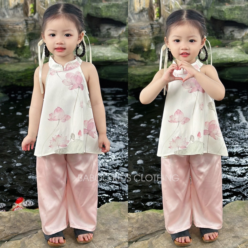 Set Yếm Cho Bé Gái In Hình Hoa Sen Kèm Quần Lụa Xuông BaBoo Kids YE1
