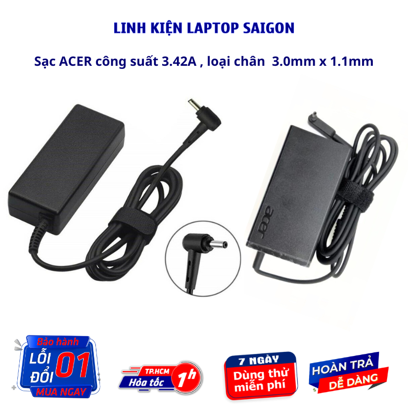 Sạc Laptop Acer ZIN 2.37A 3.42A Đầu nhỏ 3.0 x 1.1mm Sạc máy tính Acer Sạc Acer 19V 2.37A 3.42A bảo hành 12 tháng