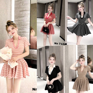 Váy xoè dáng ngắn cổ chữ V kẻ ngang siết eo siêu xinh sang chảnh - Anna.Store