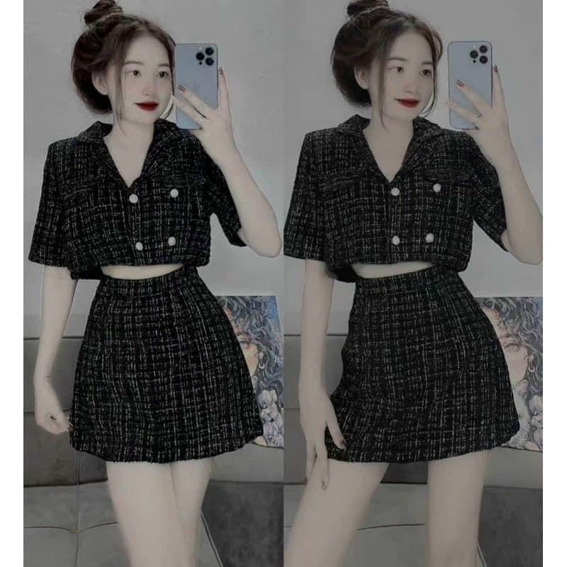SET ÁO CROPTOP VEST DẠ KÈM CHÂN VÁY (KÈM VIDEO HÌNH THẬT)