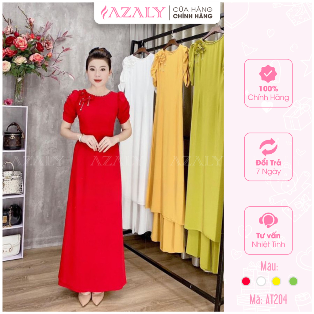 Áo Dài AZALY Cổ Tròn Tay Bồng Đính 3 Hoa Che, Khuyết Điểm Bắp Tay cho giáo viên, các mẹ... - AT204