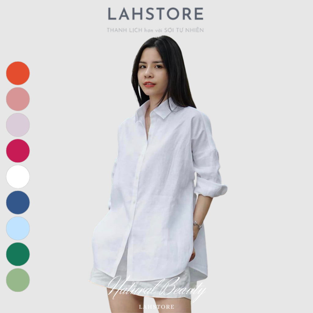 Áo sơ mi nữ LAHSTORE vải linen, tay dài ,form rộng ,trễ vai ,khoét đuôi tôm (Trắng)