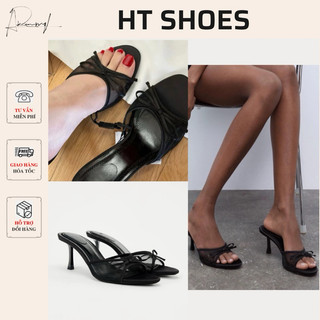 Giày sandal cao gót Z mũi tròn quai vải lưới đính nơ nhỏ xinh đế cao 6cm phong cách Retro Pháp cá tính Fullbox#8219-2
