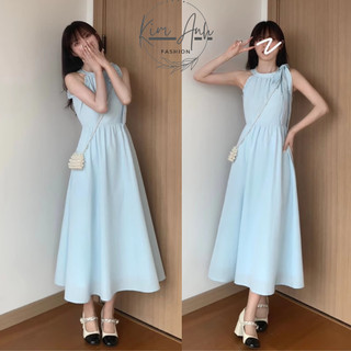 Đầm maxi - Váy cổ yếm dáng dài đính nơ cổ, Chất thô lụa QC may 2 lớp và lưng khoá kéo xịn xò