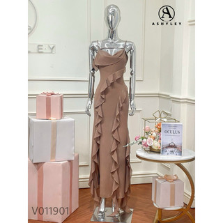 Váy maxi  tơ cát trễ cổ hai dây phối bèo 𝐀𝐒𝐇𝐘𝐋𝐄𝐘