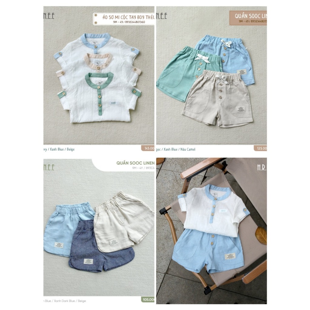 Áo sơ mi cộc tay và quần sooc linen cho bé 6 tháng đến 4 tuổi
