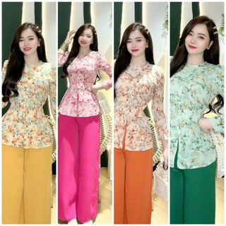 Bộ bà ba vải lụa 3d nút bọc, cổ đính hạt tay dài