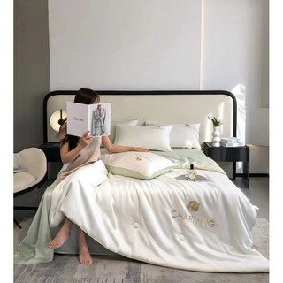 Bộ chăn ga gối Phi lụa chăn hè thêu hoa trà