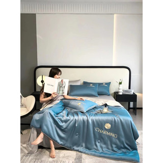 Bộ chăn ga gối Phi lụa chăn hè thêu hoa trà