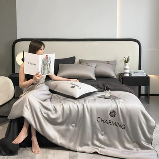 Bộ chăn ga gối Phi lụa chăn hè thêu hoa trà