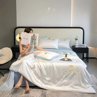 Bộ chăn ga gối Phi lụa chăn hè thêu hoa trà