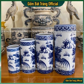 Lọ Đựng Hương, Ống Hương, Ống Cắm Hương Bát Tràng Men Lam, Men Trắng Hoạ Tiết Rồng,Sen cao cấp