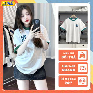 Áo thun trắng MLB unisex viền xanh form rộng chữ xù NY tay lỡ C&H Clothing