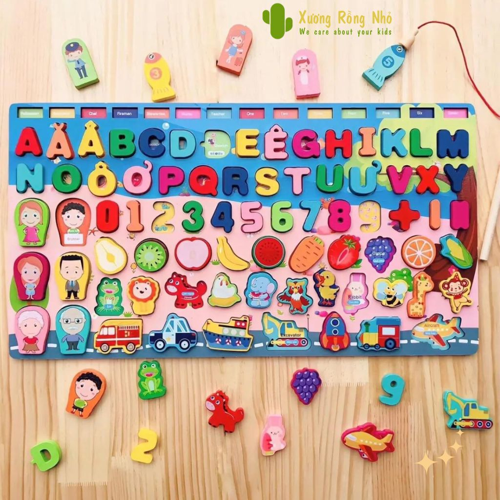 Bảng chữ gỗ Câu Cá tiếng anh/việt montessori : 5in1, 6in1, 7in1