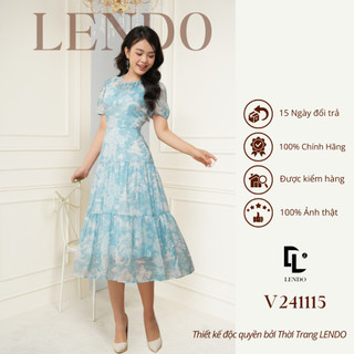 Đầm Váy Công Sở LENDO V241111 Midi Dáng Xòe Dài Ba Tầng Tay Ngắn Cổ Tròn Nhún Cách Điệu Tơ Loang