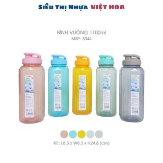 Bình nước vuông 1000ml có vạch chia, bình nước học sinh nắp bật, Bình nước vuông 1100ml VHU