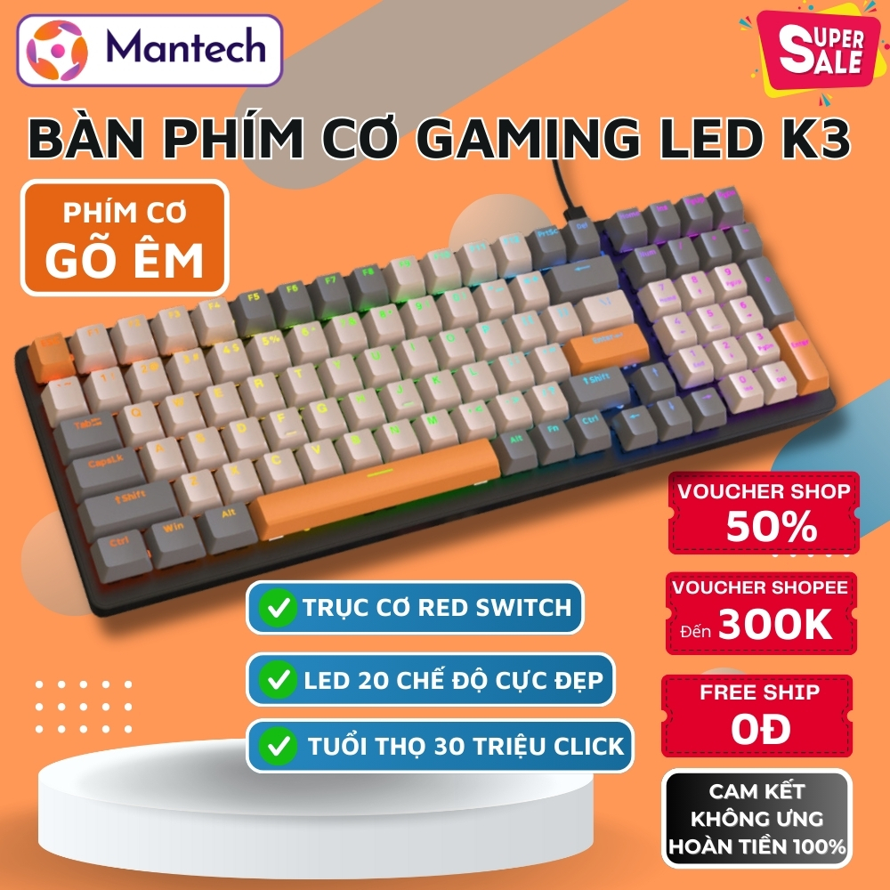 Bàn Phím Cơ Máy Tính Gaming Cao Cấp Mantech K3 LED Rainbow Cực Đẹp, Trục Cơ Red Switch Gõ Êm, Bảo Hành 12 Tháng | BigBuy360 - bigbuy360.vn