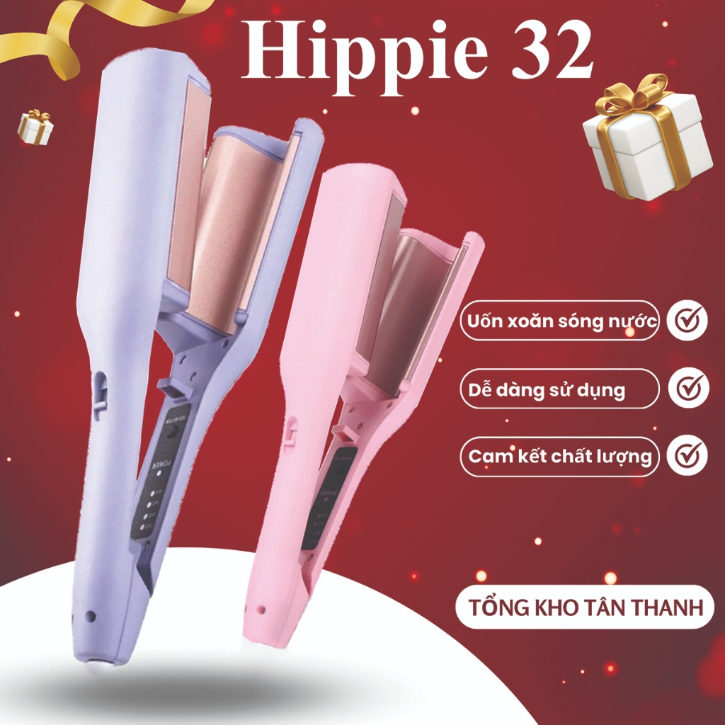 Máy uốn xoăn sóng hippie 32mm sóng lơi phủ men gốm ion âm, Máy tạo kiểu tóc xoăn sóng nước chỉnh nhiệt - Hippie 32