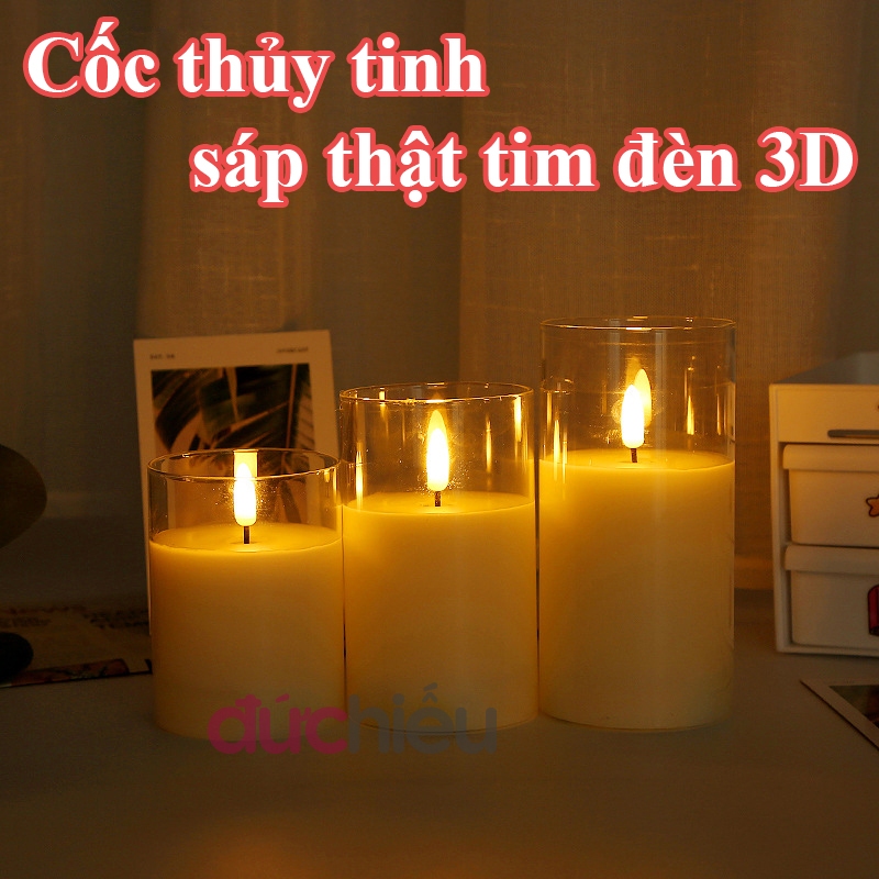 Nến cốc điện tử sáp thật thủy tinh tim đèn 3D siêu lung linh trang trí decor resort, party – Đức Hiế