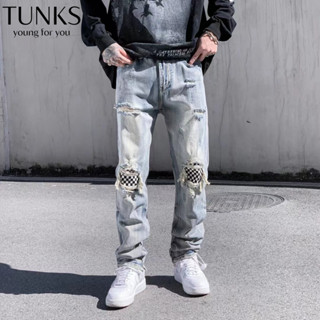 Quần jean Zipper nam xanh,Quần jean rách gối gấu ống suông rộng chất vải bò cao cấp,quần jeans nam style hàn quốc
