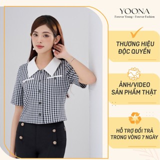 Áo thiết kế cổ nhọn 2 túi ngực họa tiết caro chất Twill silk YOONA - NH2C155
