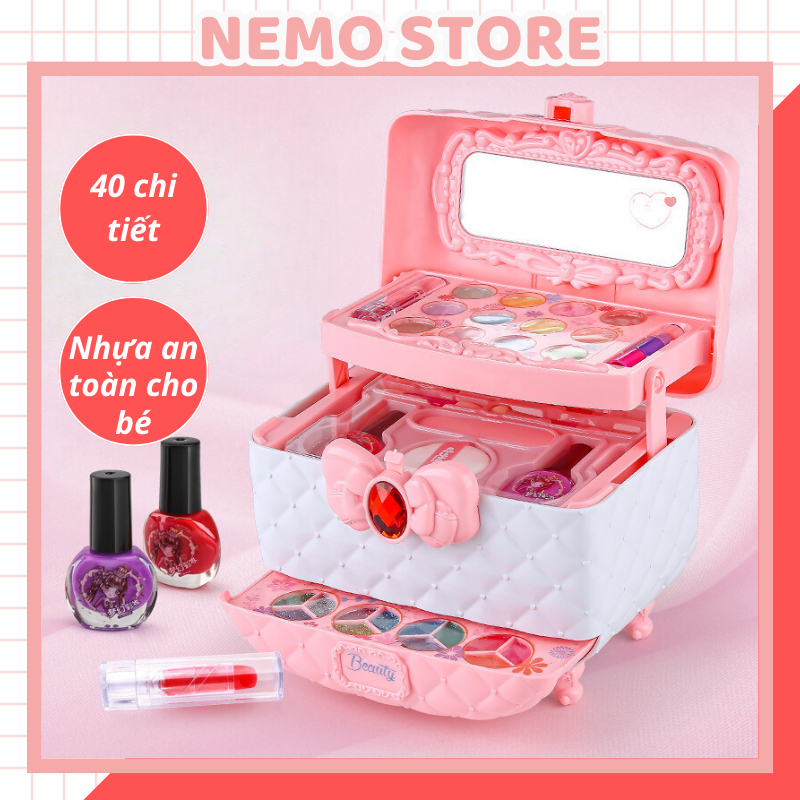 Đồ chơi trang điểm cho bé gái NEMO STORE bộ vali hồng makeup trẻ em hộp